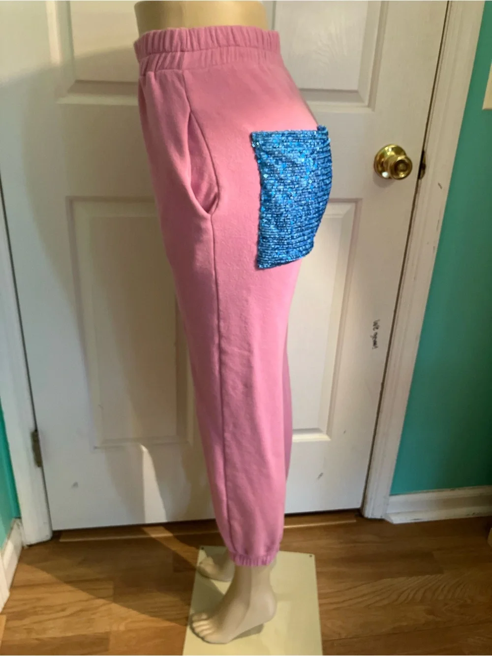 Narsha Pink Sweatshirt & Jogger Pajama Set with Blue Sequin Sleeves